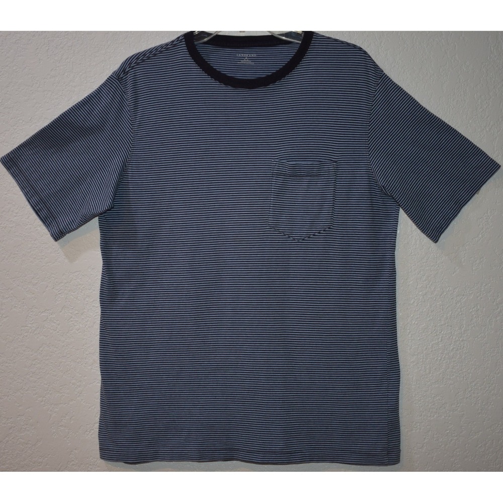 Lands End Mens Blue Black Micro Stripe Cotton Pocket T-Shirt Size M 38-40